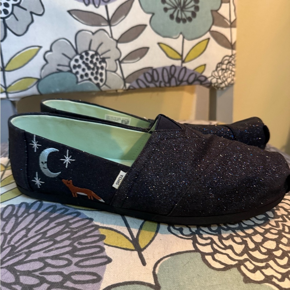 Toms Black Glitter Slip-Ons with Fox and Moon